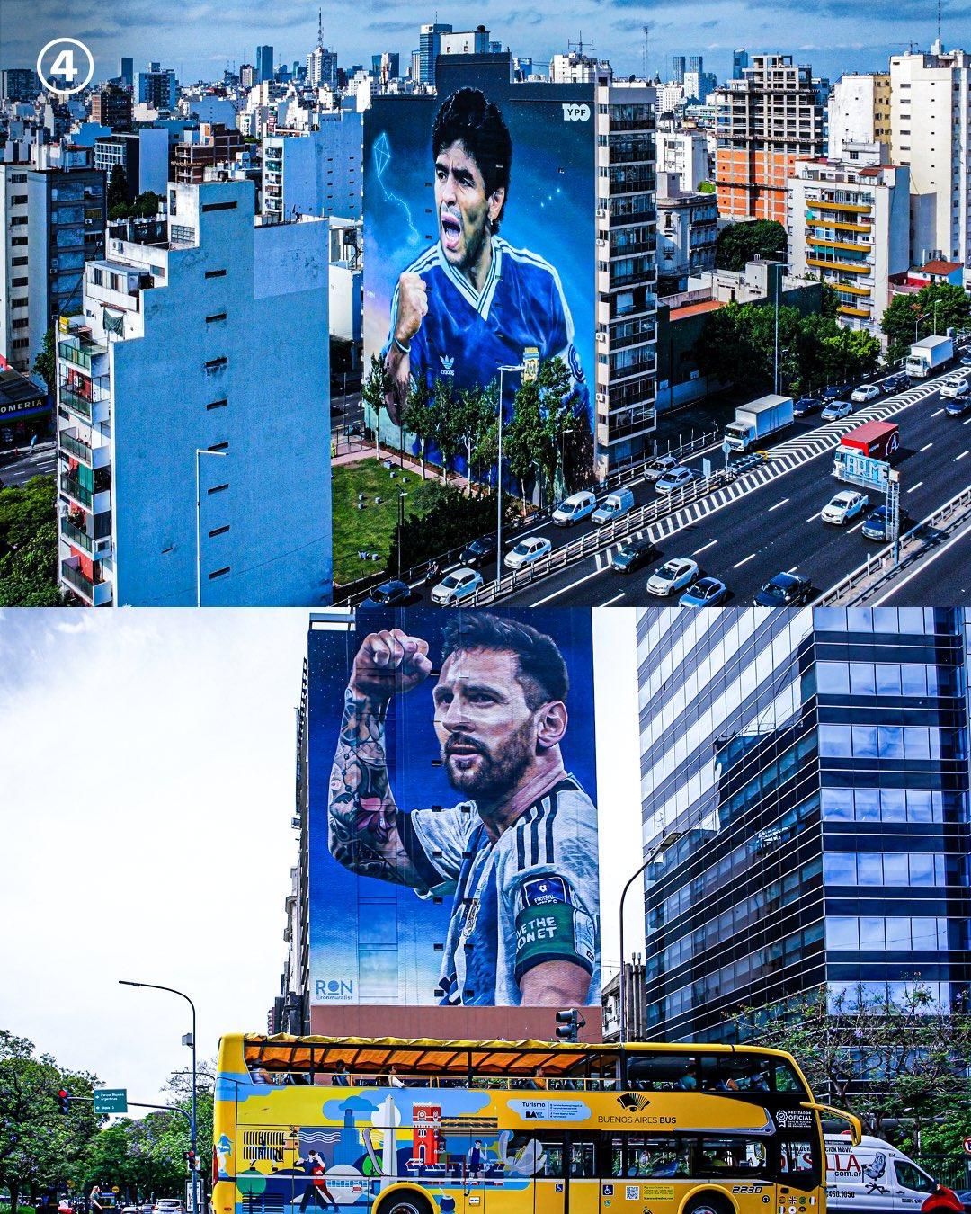 Los murales que Martín Ron dedicó a Diego Maradona y Lionel Messi en la Ciudad de Buenos Aires.