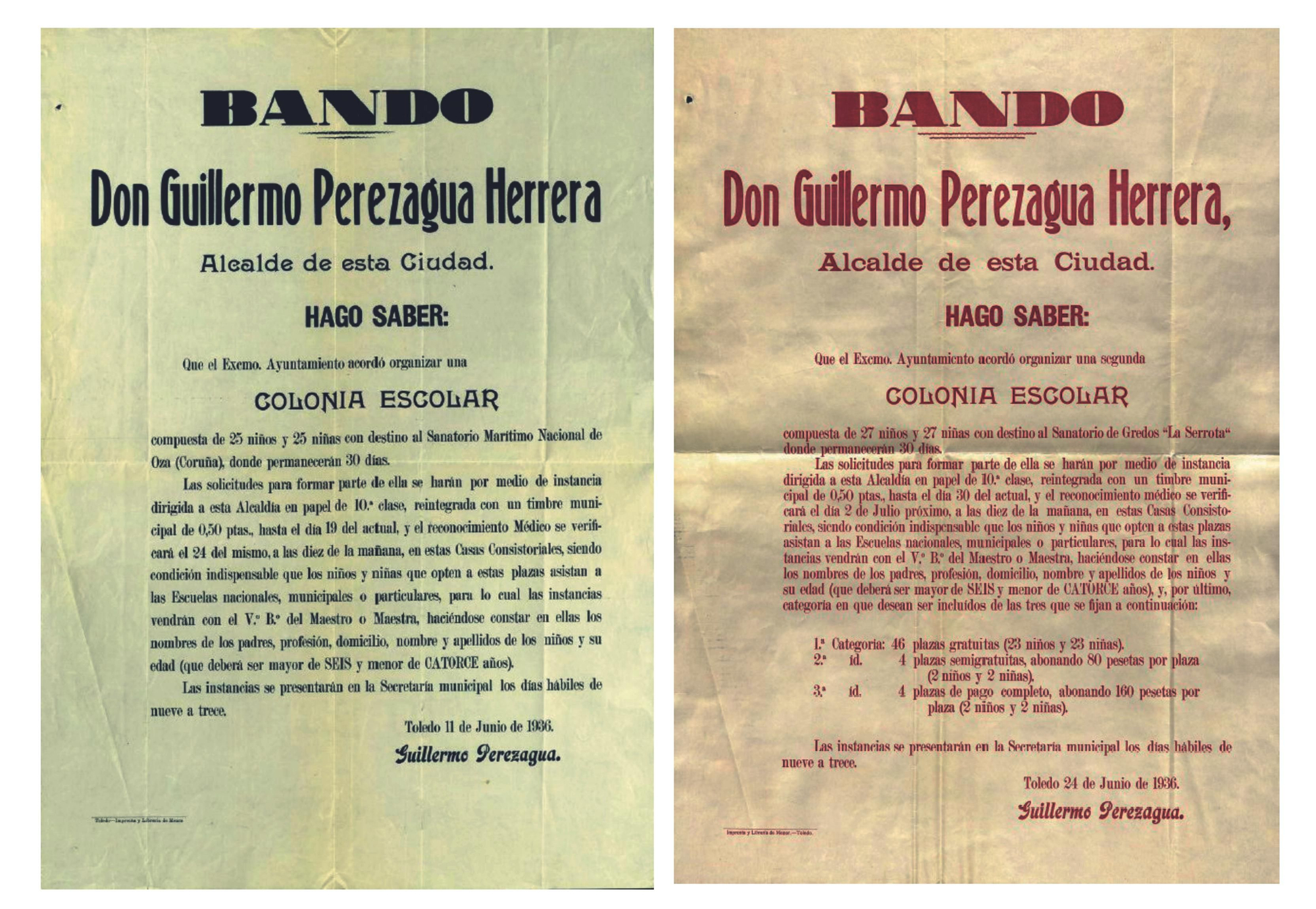 Bandos del alcalde Perezagua convocando las colonias escolares municipales para el verano de 1936
