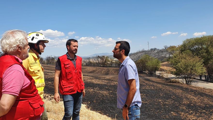 El consejero de Desarrollo Sostenible de Castilla-La Mancha (en el centro) en el incendio en la pedanía de Cerezo de Mohernando (Guadalajara)