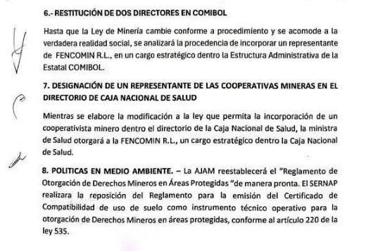 El acuerdo entre el gobierno de Bolivia y mineros cooperativistas. En el punto 8 autoriza el ingreso de la minería a las áreas protegidas. Foto: obtenida por Mongabay Latam