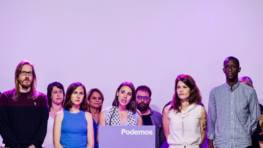 La cabeza de lista de Podemos a las elecciones europeas, Irene Montero, valora los resultados electorales del 9 de junio junto a la directiva del partido, a 9 de junio de 2024 en MADRID.