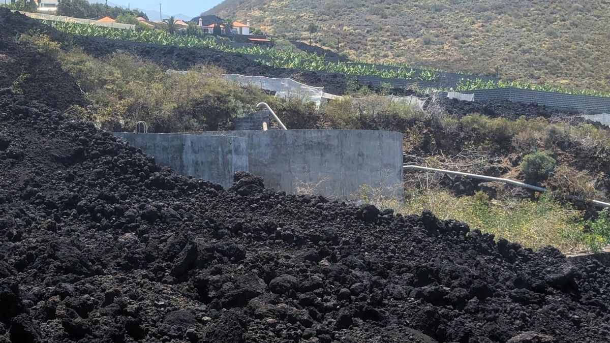 Lengua de lava de la erupción del Tajogaite de 2021 por zonas agrarias.