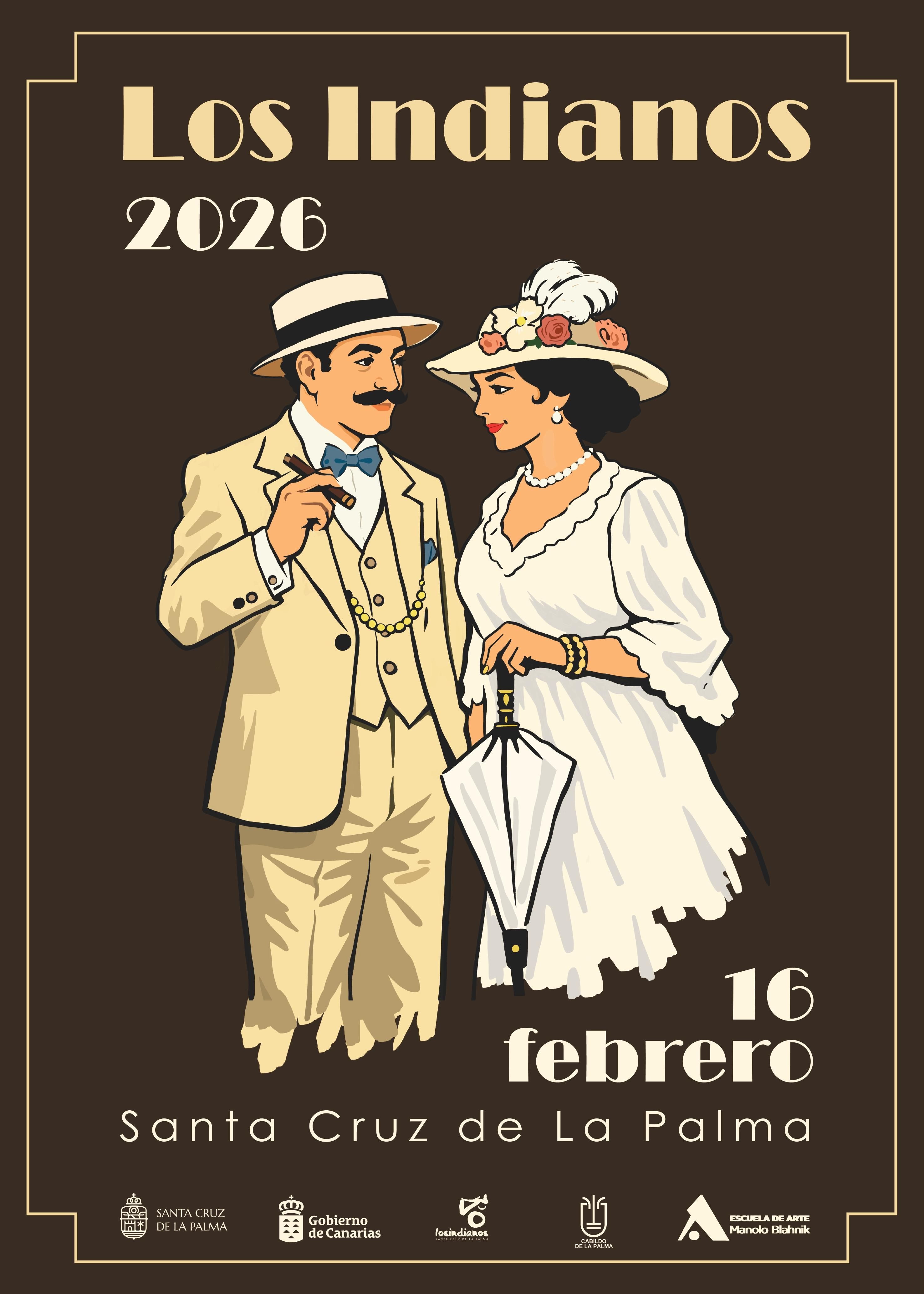 El cartel de Los Indianos evoca los años 20 del siglo XX y está inspirado en el estilo Art Déco.