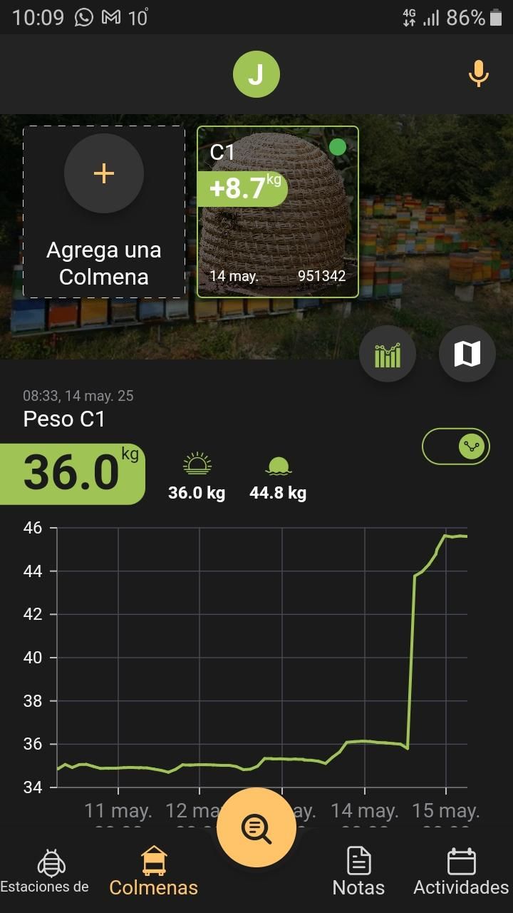Captura de la app que monitoriza el estado de las colmenas del Jardín Botánico de la Universidad de Alcalá