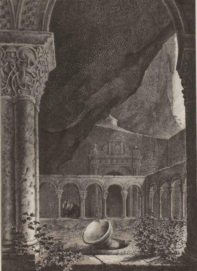 Litografía de San Juan de la Peña, obra de Francisco Javier Parcerisa (siglo XIX).