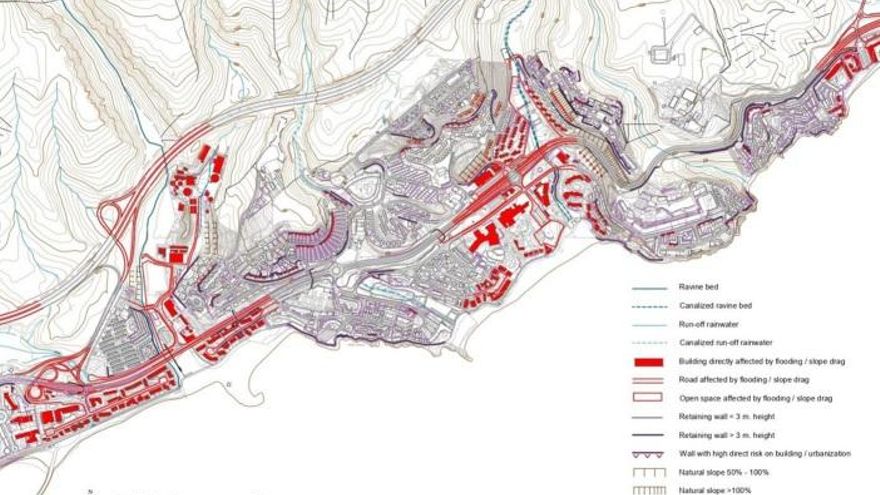 En rojo, elementos expuestos a precipitaciones extremas y dinámica de laderas. Fuente: Los autores (P. Ley & Ó. de Castro)