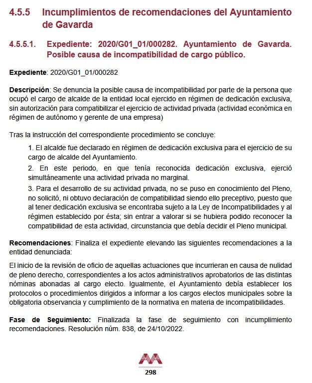 Pàgina de la memòria de 2022 de l'Agència Valenciana Antifrau on s'expliquen els incompliments de l'Ajuntament de Gabarda perpetrats per la secretària interventora.