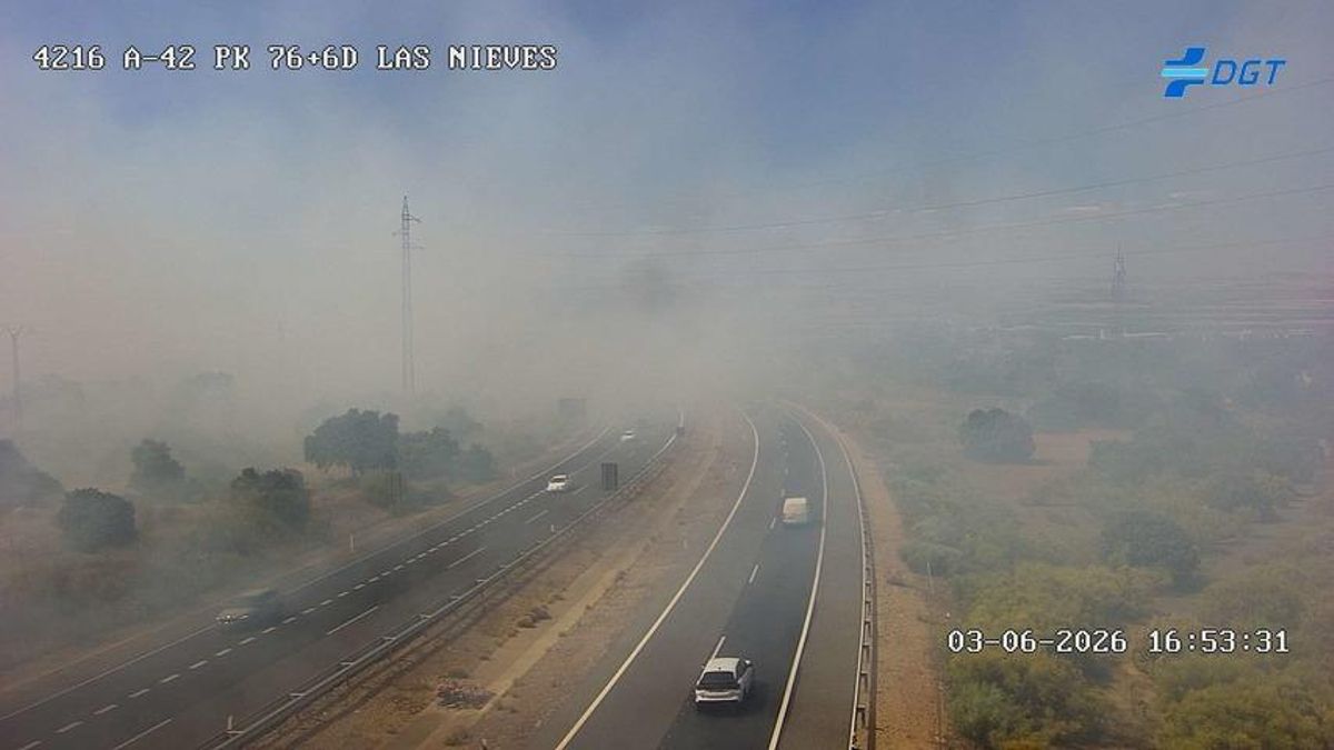 Humo en la A-42 sentido Madrid a la altura de Las Nieves (Toledo) a consecuencia del incendio forestal de los terrenos de la Academia de Infantería de Toledo