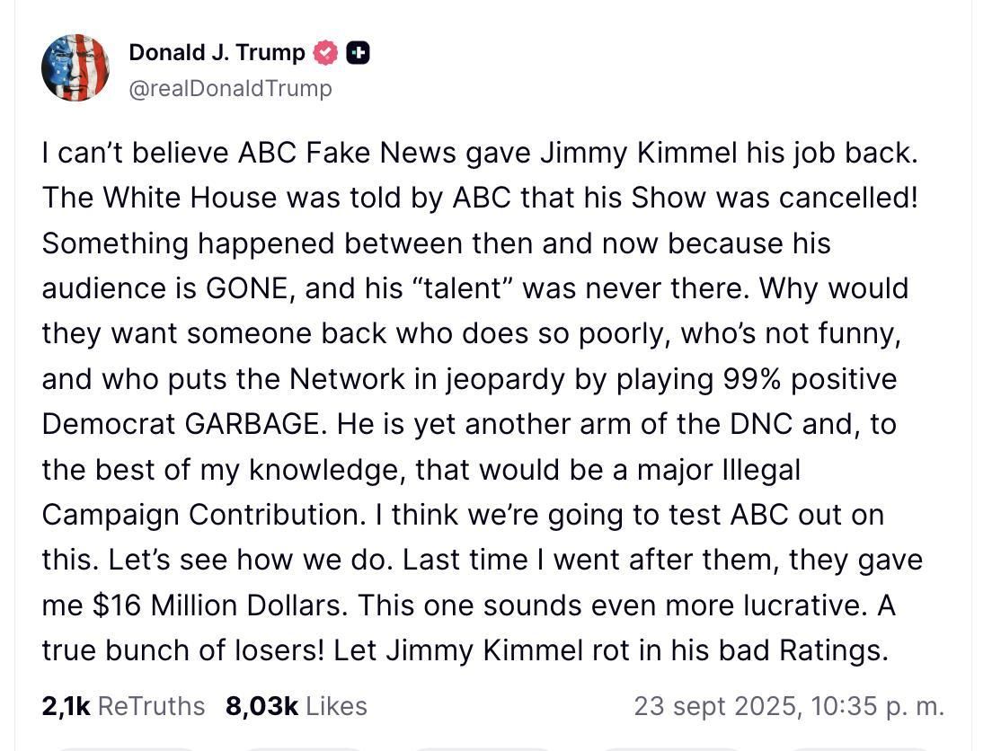 Truth Social de Trump sobre el regreso de Kimmel.