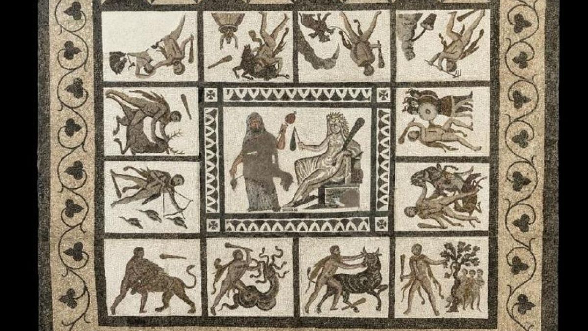 Part del mosaic on es representen els 12 Treballs d'Hèrcules.