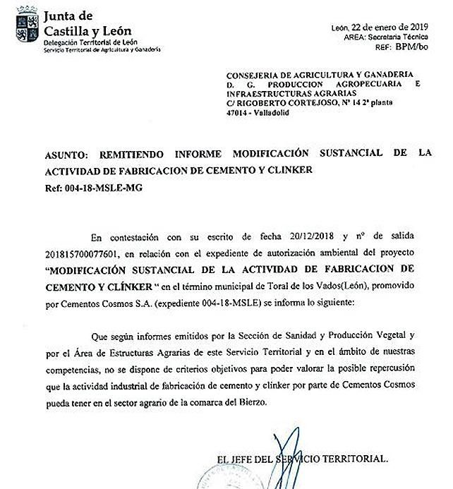 El informe de enero, hecho público en noviembre, enviado a Bierzo Aire Limpio.