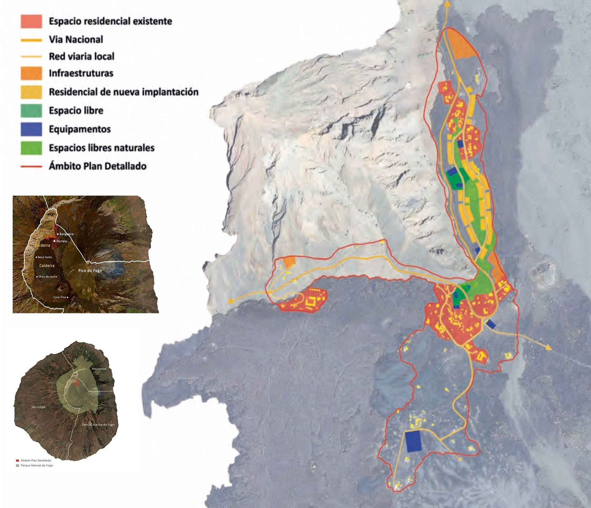 Esquema de ordenación del área de 60 héctareas en Chã das Caldeiras, en isla do Fogo.