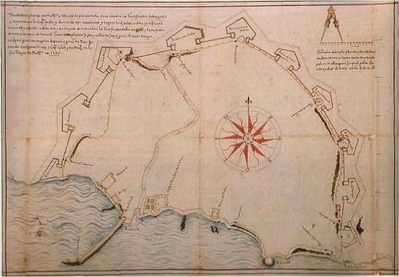 Plano de Palma en el que se aprecia la muralla árabe con líneas dentadas y la renacentista que estaba en construcción, con línea más gruesa. Antoni Verger, 1596