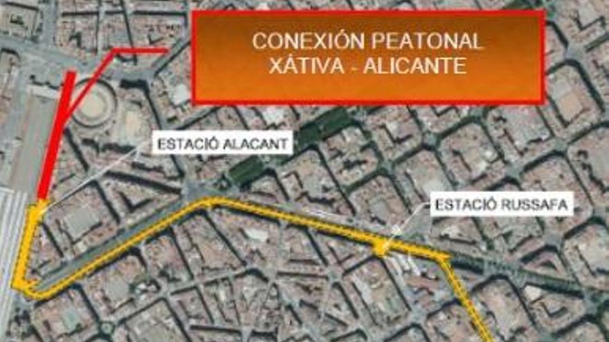 Plano de actuación de la pasarela peatonal subterrénea (en rojo).