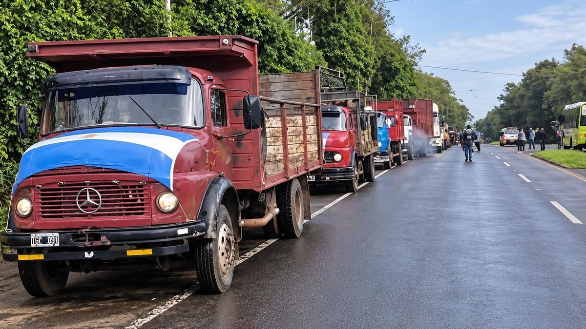 Camiones estacionados en fila sobre la banquina de la ruta 12.