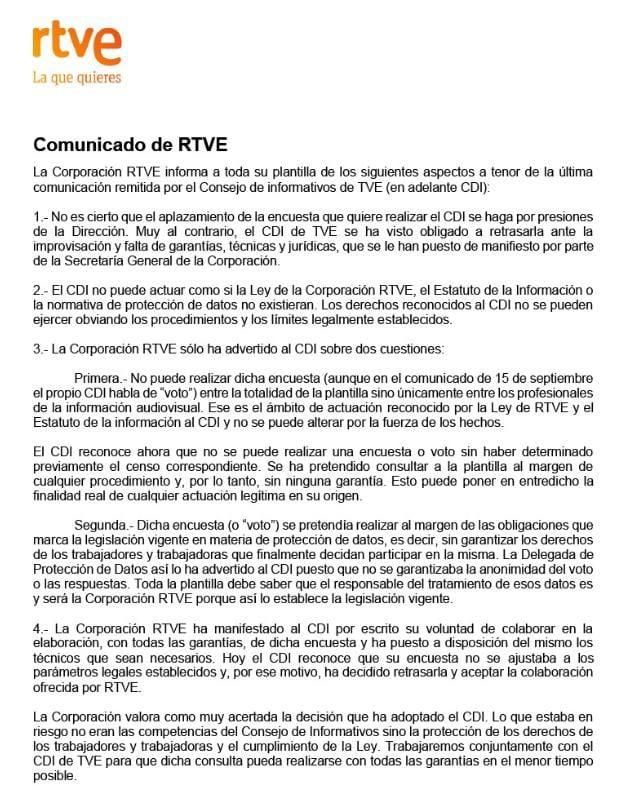 El comunicado interno de RTVE a sus trabajadores