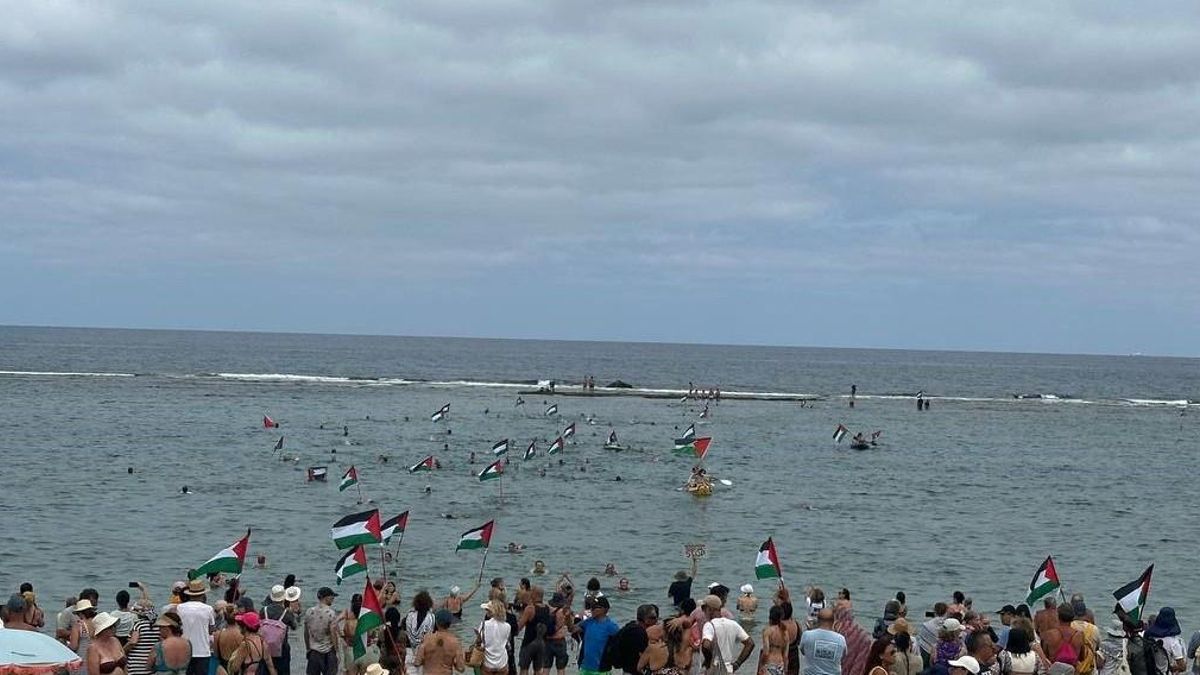 Decenas de personas se mojan por Gaza en la playa de Las Canteras (Gran Canaria) este domingo 24 de agosto.