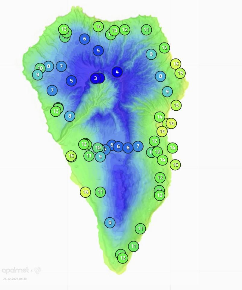 Mapa de Apalmet de la temperatura que se registraba este viernes, 26 de diciembre, a las 08.30 horas en diferentes puntos de La Palma.