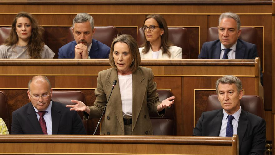 La secretaria general del PP, Cuca Gamrra, interviene durante una sesión de control al Gobierno, a 28 de mayo de 2025, en Madrid (España)