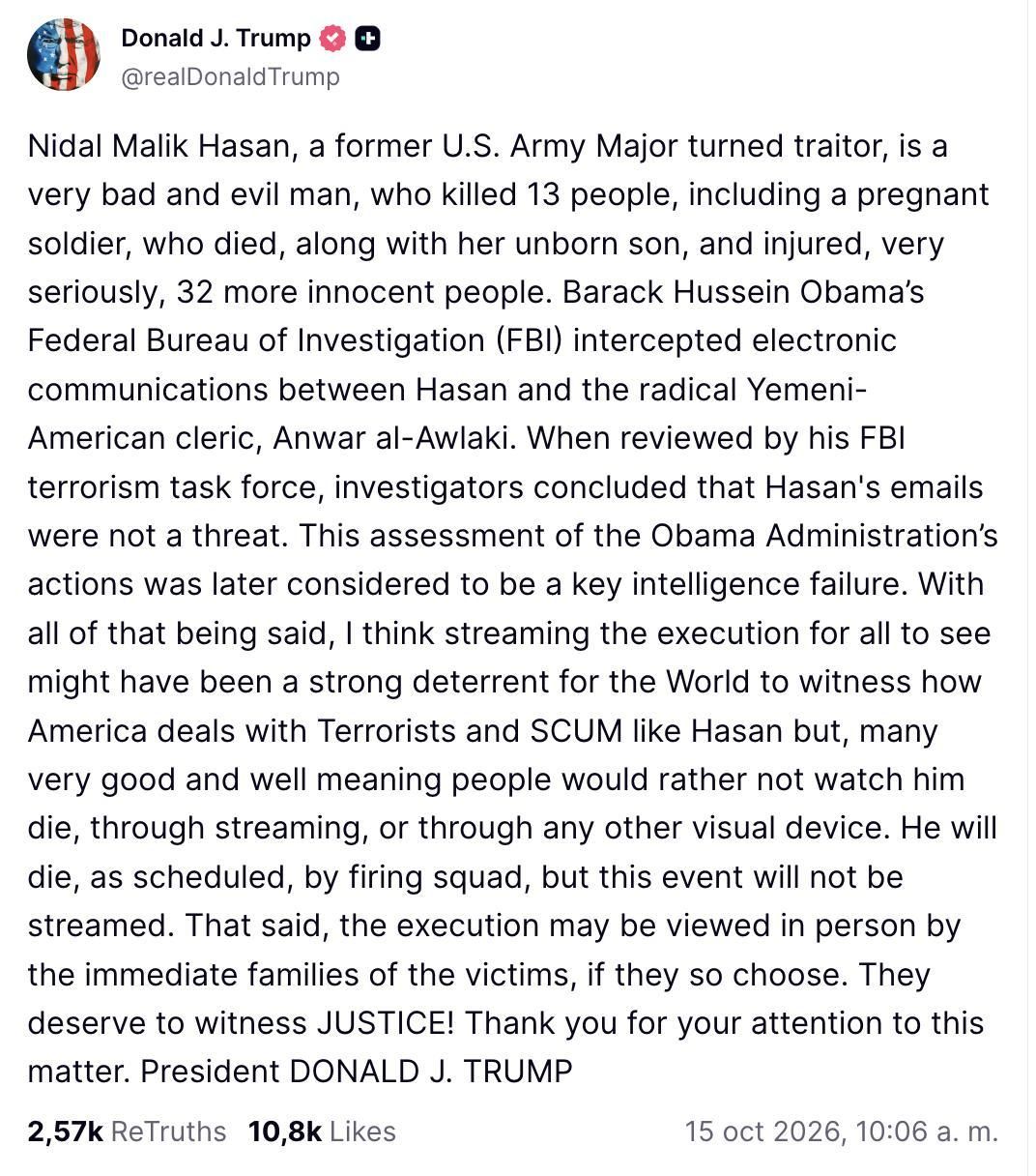Truth Social de Trump sobre la retransmisión del fusilamiento de Nidal Malik Hasan.
