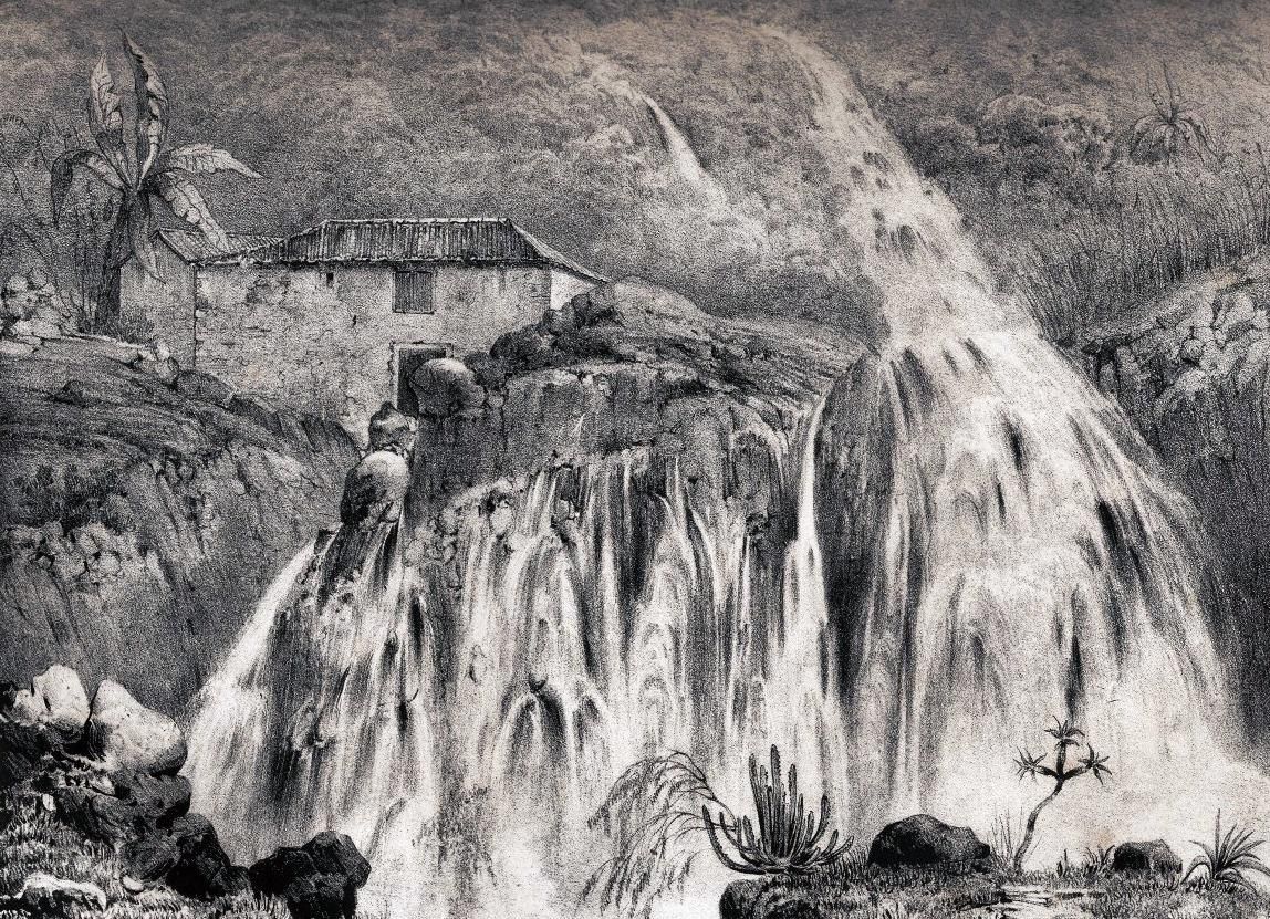 Grabado extraído del libro 'Historia Natu­ral de las Islas Canarias' en el que se observa una cascada formada por las lluvias en La Orotava.