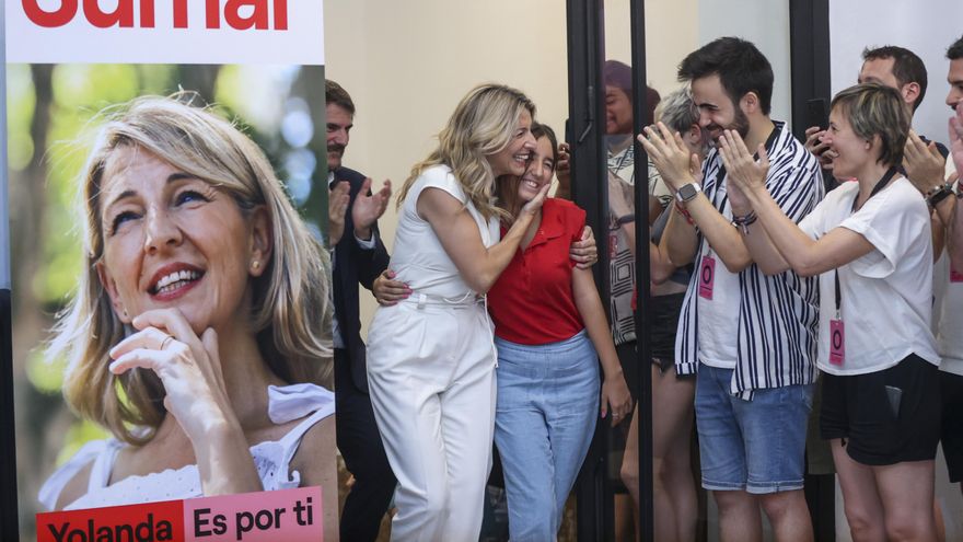 La candidata a la presidencia del Gobierno, Yolanda Díaz, a su llegada a la sede de SUMAR en Madrid tras conocerse los resultados de las elecciones celebradas hoy Domingo.