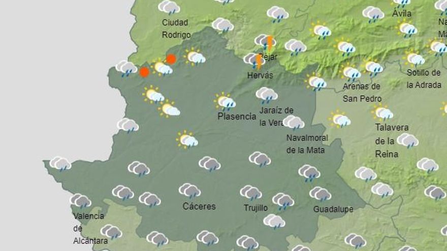 La agencia meteorológica anuncia algunos chubascos para el domingo aunque otros mapas suyos no lo afirman hasta el lunes, como es esta imagen de previsión a las doce de la mañana de ese día
