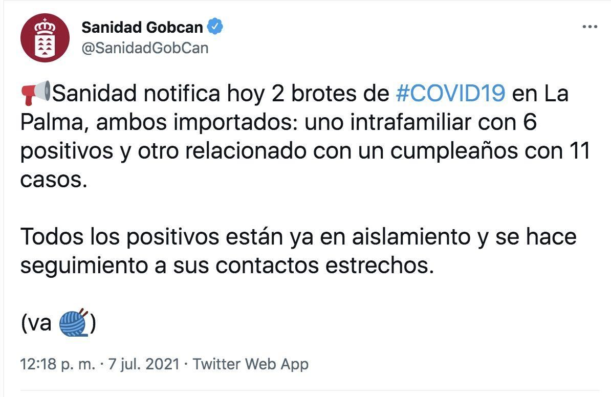 Twitter de la Consejería de Sanidad del Gobierno de Canarias.