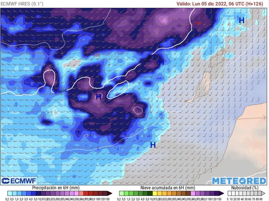 Predicción de lluvias acumuladas en Canarias para el lunes, 5 de diciembre, según el modelo europeo