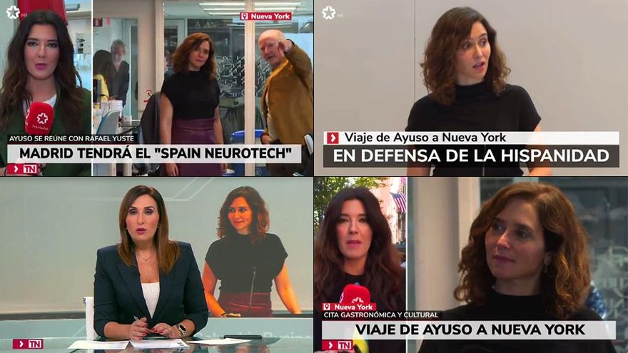 Telemadrid vuelve a acompañar a Ayuso en su viaje a Nueva York y lo convierte en noticia en todos sus informativos