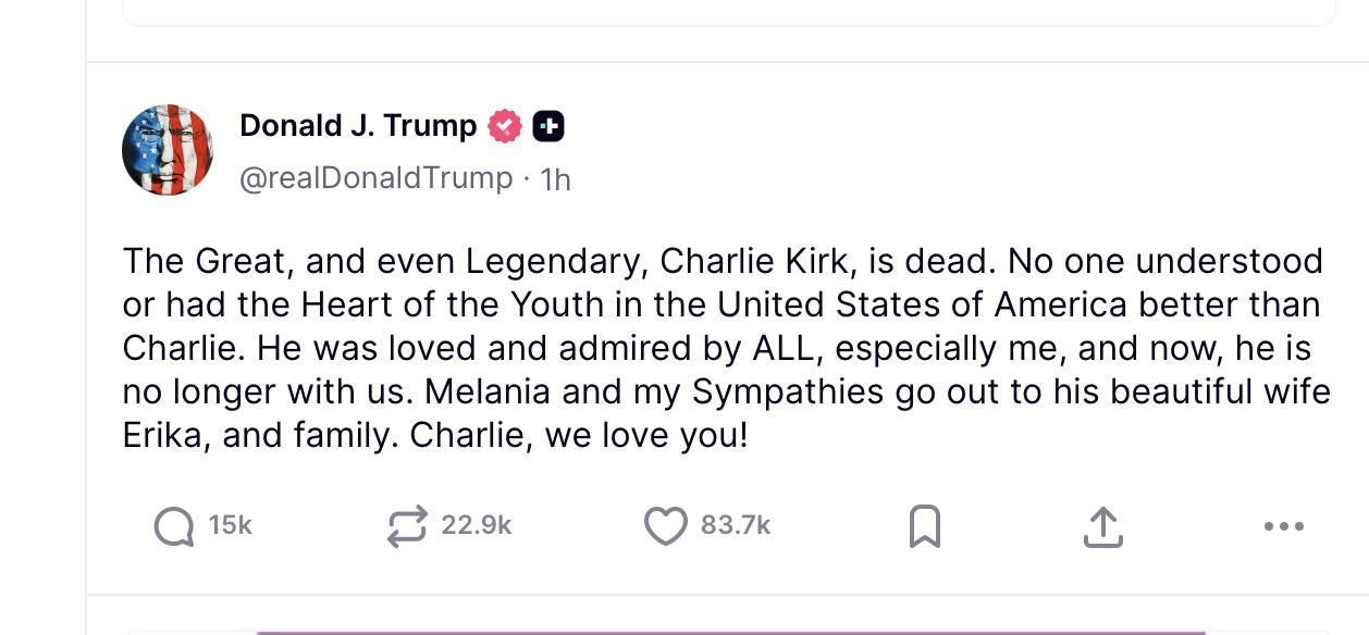 El mensaje de Donald Trump anunciando la muerte de Charlie Kirk.