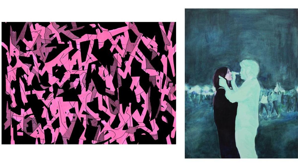 De izquierda a derecha: Javier García-Herrero, Lo irreversible – 12 (fragmento), 2023. Tinta y gouache sobre papel, 130 x 30 cm. Lorena Cabrera. Alucinación verde, 2019. 120 x 90. Acrílico sobre tabla.