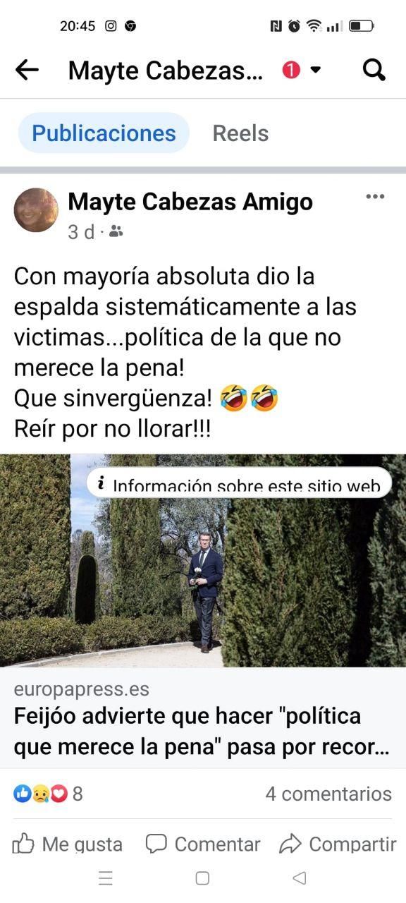 Captura del Facebook de Mayte Cabezas en donde criticaba a Feijóo