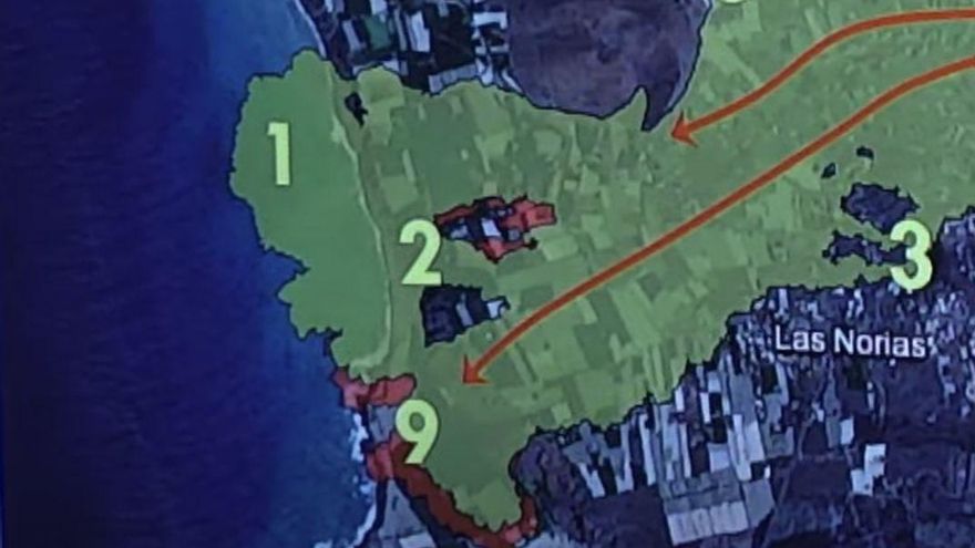 Aportes de lava sobre las coladas 1, 2 y 9
