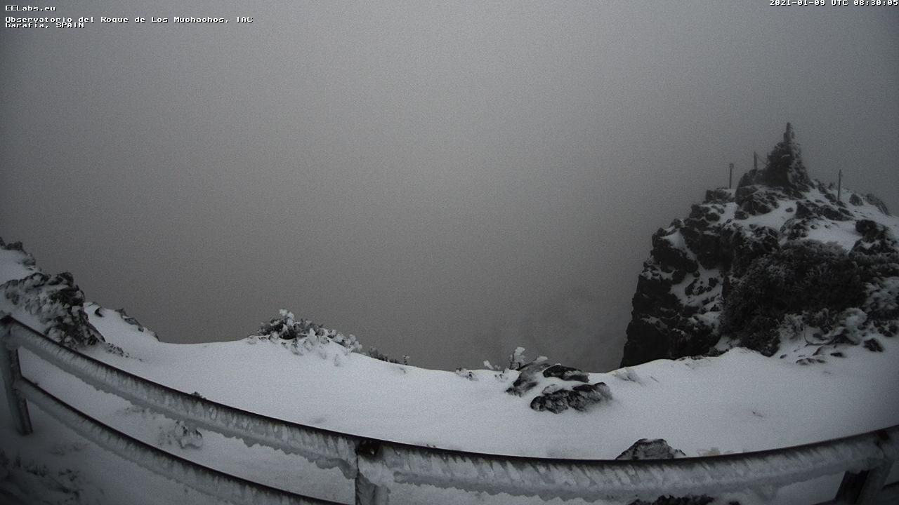 Imagen de este sábado de la nevada en las cumbres de La Palma captada de la webcam del IAC en el Roque de Los Muchachos.