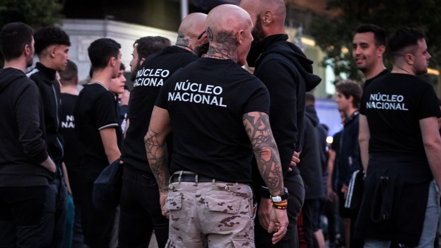 National nucleus members during a demonstration against immigration convened by Falange last May.