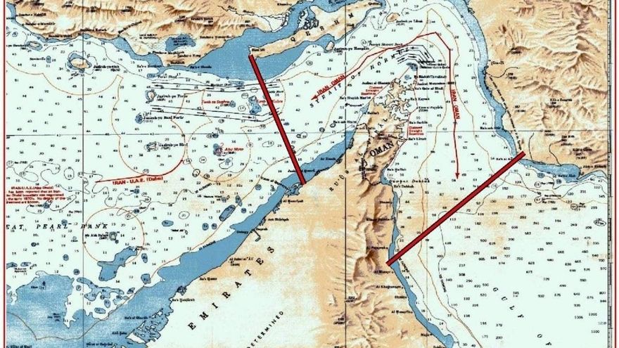 El mapa hecho público por la Guardia Revolucionaria iraní que marca las zonas bajo su control en el estrecho de Ormuz.