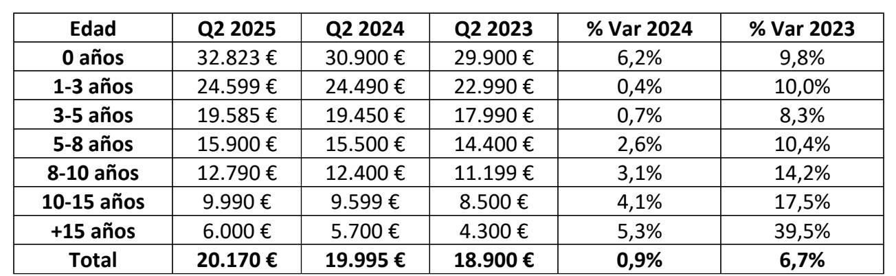 Evolución de los precios en los distintos grupos de 'edad' de los vehículos.