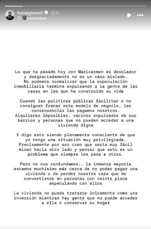 Imagen del texto de María Valero compartido por Borja Iglesias
