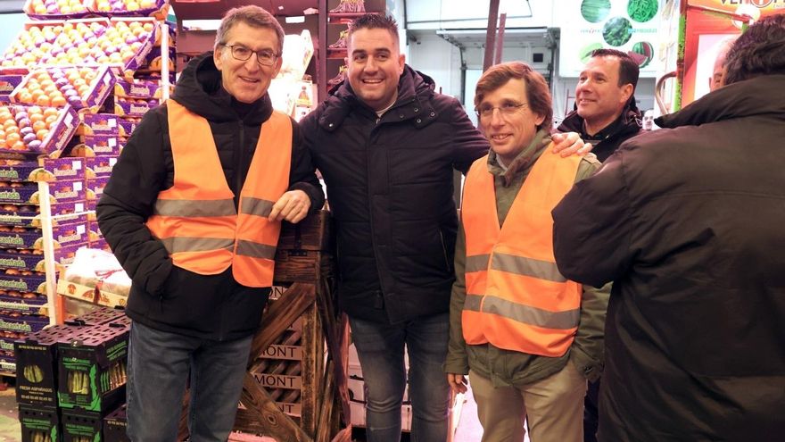 El líder del PP, Alberto Núñez Feijóo, y el alcalde de Madrid, José Luis Martínez Almeida, durante una visita a Mercamadrid.