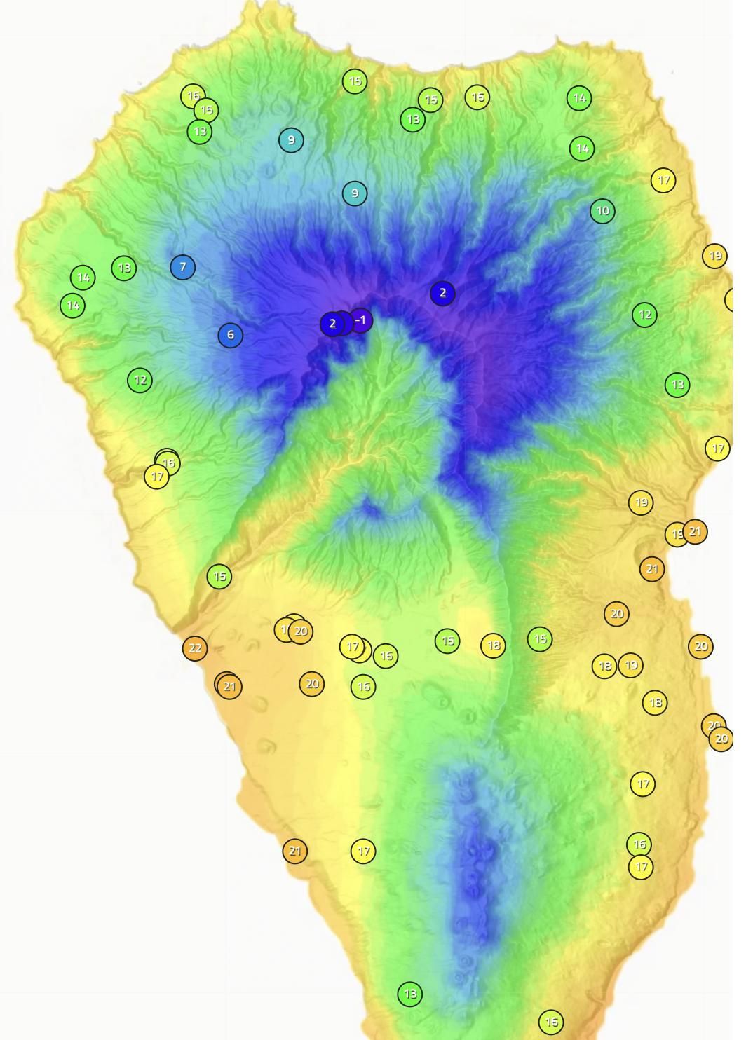 Mapa de Apalmet de las  temperaturas que se registraban diversos puntos en La Palma a las 11.55 horas de este viernes, 12 de diciembre.
