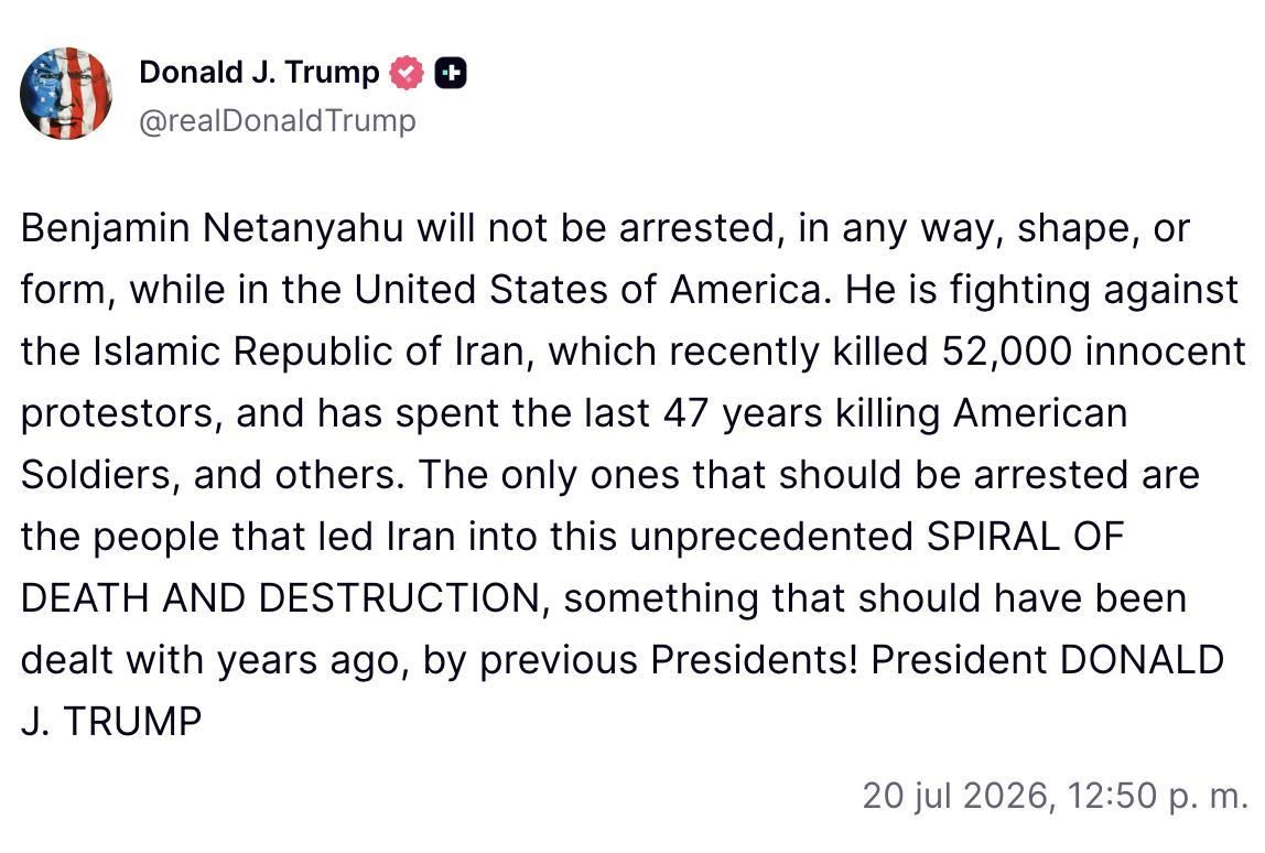 Truth Social de Trump sobre la hipotética detención de Netanyahu.