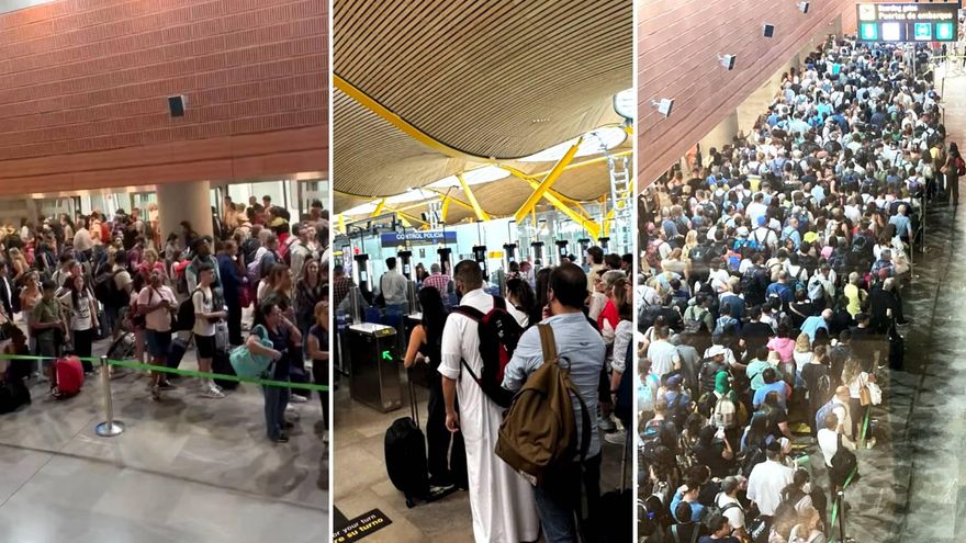 Colapso en las salidas de la T-4 de Barajas con colas infinitas por un fallo informático y la acumulación de vuelos