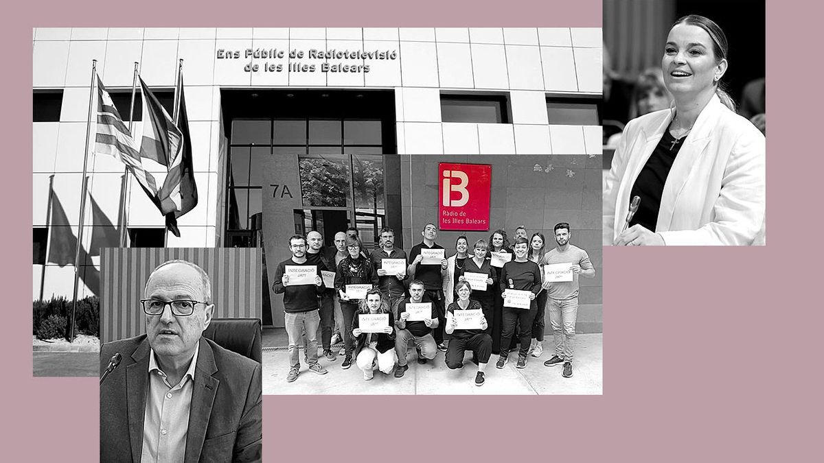 Los trabajadores de IB3 protestan frente a la sede de la radio. A la izquierda, Josep Codony, nuevo director general. A la derecha, Marga Prohens (PP), presidenta del Govern.