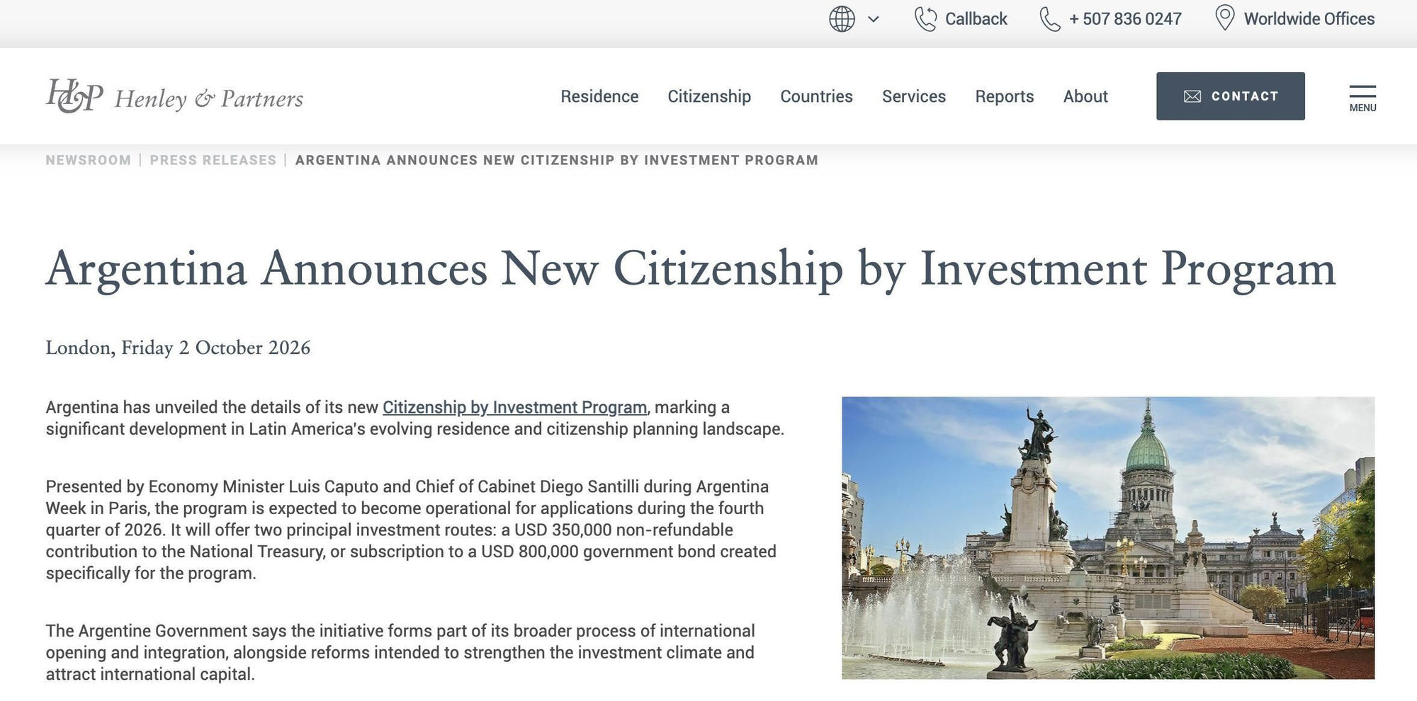 La comunición de Henley & Partners sobre el programa de venta de nacionalidad argentina.