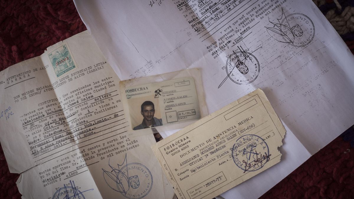 Algunos de los documentos que conserva el saharaui Abdeluadud Mohamed para probar su vinculación laboral con la empresa española Fosbucraa