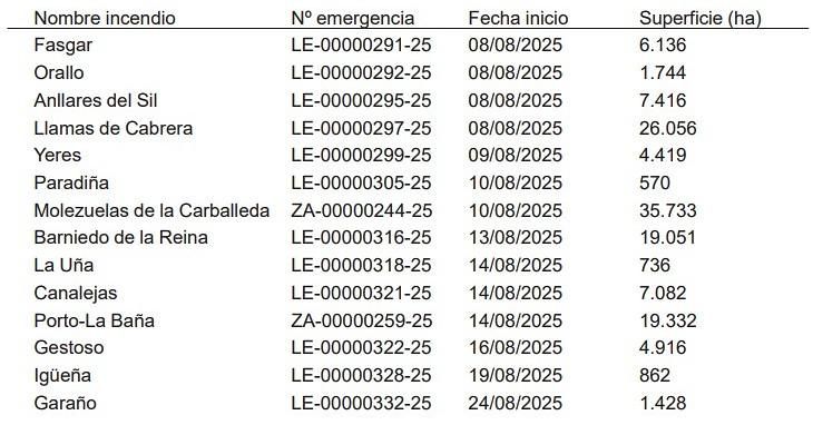 Primera cuantificación oficial de la Junta sobre los grandes incendios de agosto de 2025 en León, con 135.500 hectáreas totales.