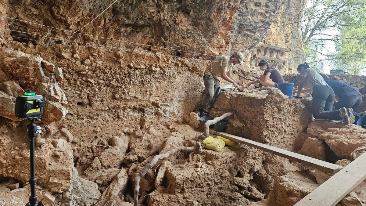Trabajos de excavación arqueológica en la cueva de P5 de Aguilón durante la campaña de 2026.