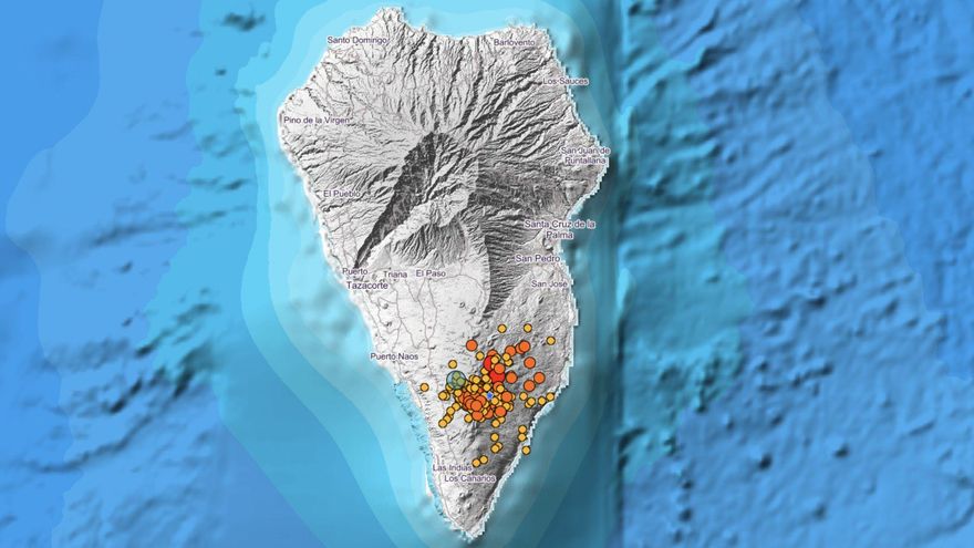 Relación de los terremotos registrados en La Palma en las primeras horas  de este miércoles y mapa en el que se indica el punto donde han sido localizados