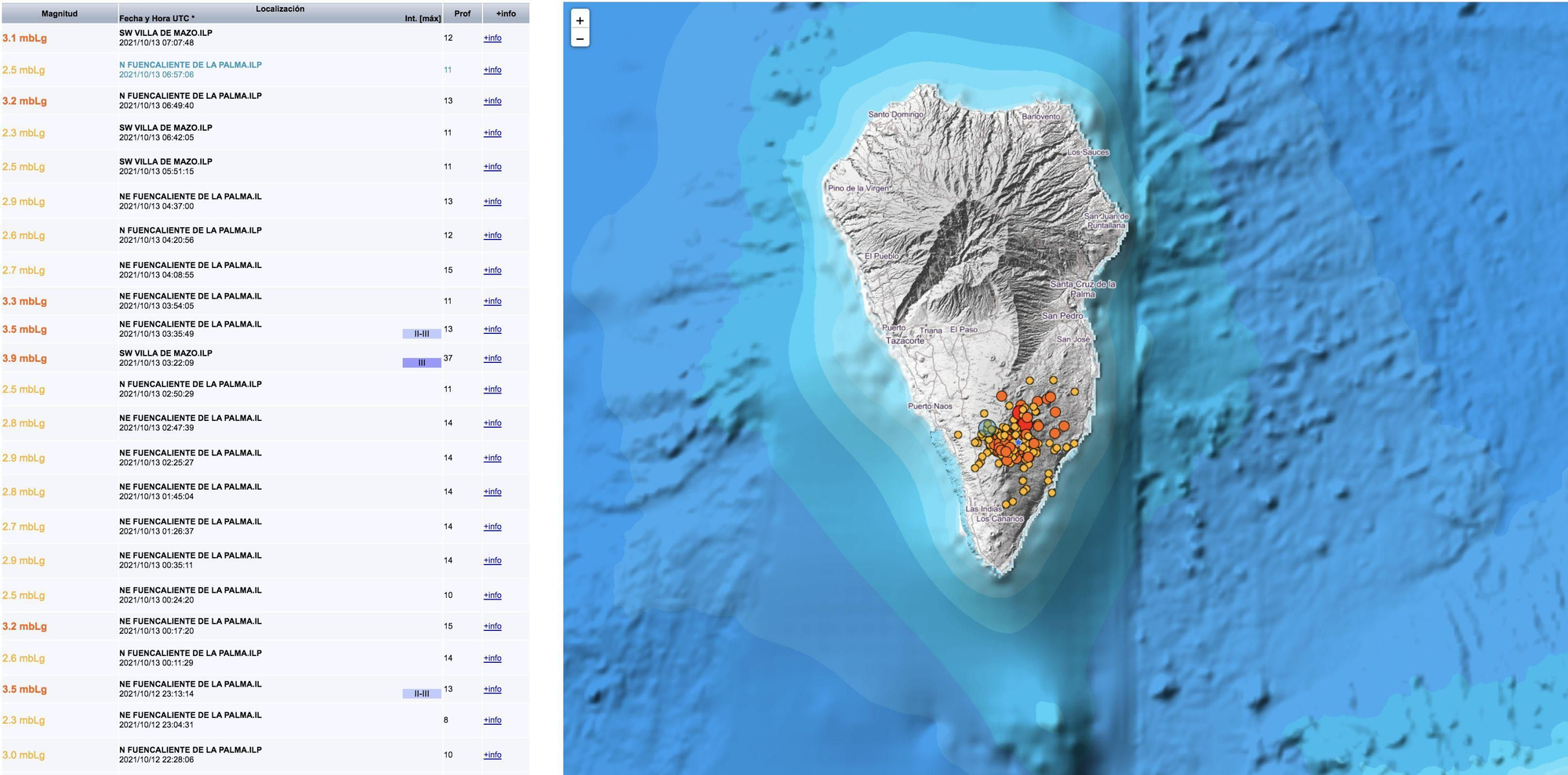 Relación de los terremotos registrados en La Palma en las primeras horas  de este miércoles y mapa en el que se indica el punto donde han sido localizados